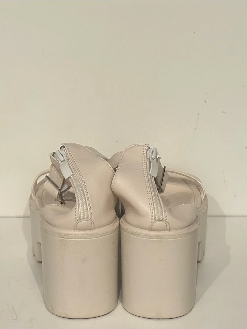 Women White Chunky Platform Lug Sole Sandals Ankle Strap Zipper Block Heel Sz:10